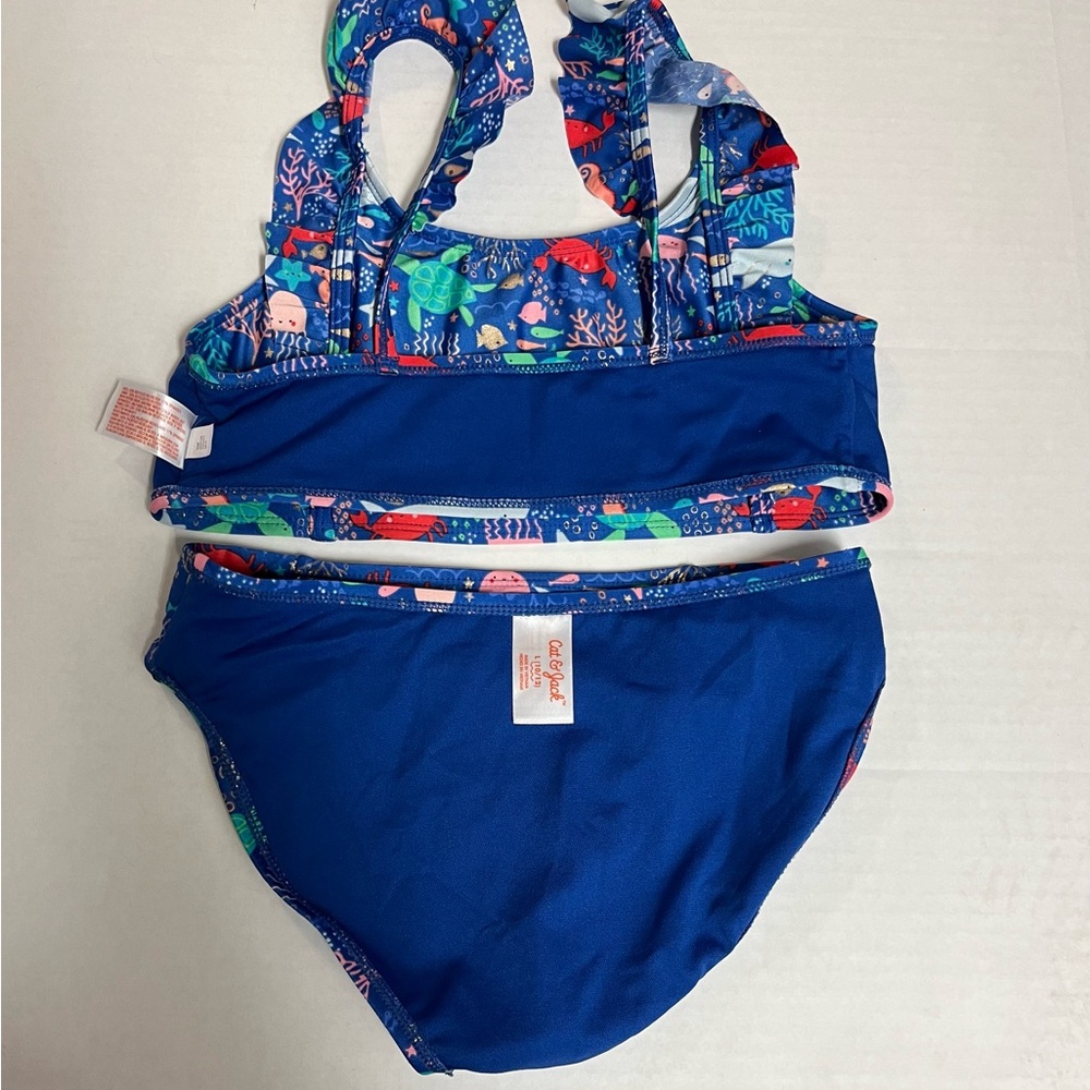 Cat & Jack Girls Blue Bikini with Ocean Print and Ruffles.        SIZE L (10-12) - Picture 11 of 12